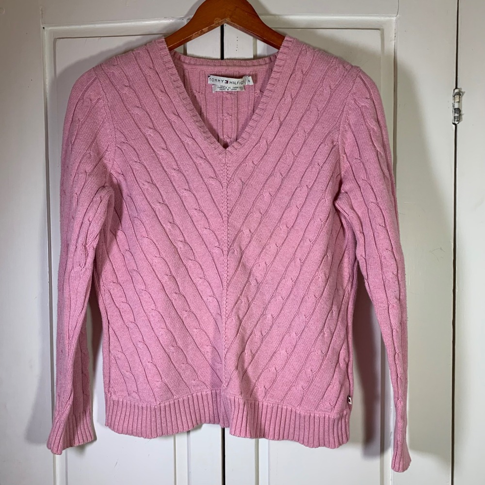 Tommy Hilfiger Pink Cable Knit V-Neck Cotton Sweater Womens Large VTG 2004 Japan